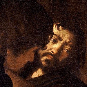 A Self-Portrait detail in The Calling of Saint Matthew (1599–1600) by Caravaggio in the church of San Luigi dei Francesi, Rome (Photo courtesy of San Luigi dei Francesi)