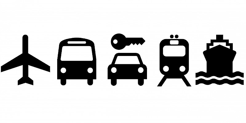 Transportation options to and within the United Kingdom (Photo icons courtesy of AIGA; illustrations by Reid Bramblett)