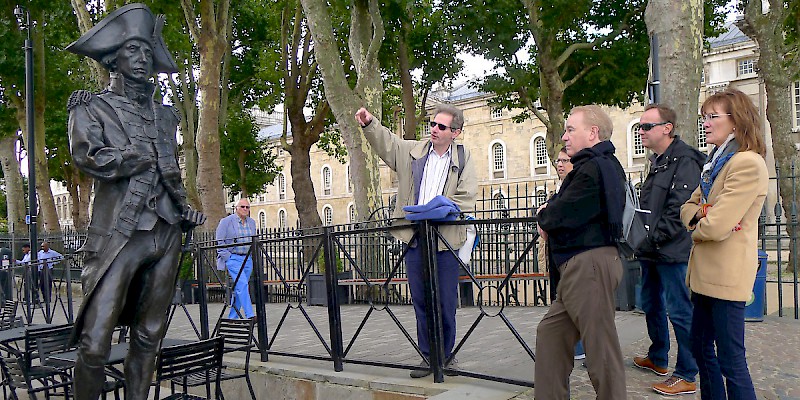 Context Travel guide Tim Hochstrasser pauses outside Trafalgar Tavern to about Admiral Lord Nelson on a walking tour of Greenwich (Photo courtesy of Context Travel)