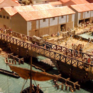 A model of Roman-era London, circa AD 85â€“90, including the first bridge over the Thames (close to the current location of London Bridge) (Photo by Steven G. Johnson)