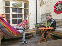 The tiny courtyard at the Astor Museum Inn hostel of London