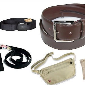 Different kinds of moneybelts (Photo collage by Reid Bramblett; images courtesy of vendors)