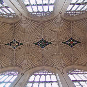 The fan-vaulted ceiling in Bath Abbey
				(Photo Â© Reid Bramblett)