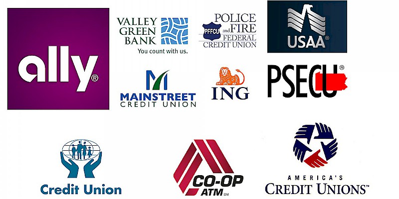 Credit unions, online banks, and local banks are almost always better than major banks (Photo collage by Reid Bramblett; logos courtesy of the respective business)