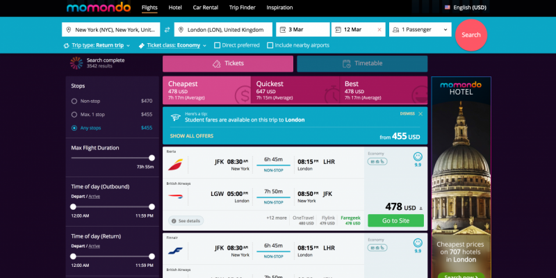 An aggregator like Momondo.com can help you find the lowest airfares every time (Photo courtesy of Momondo.com)