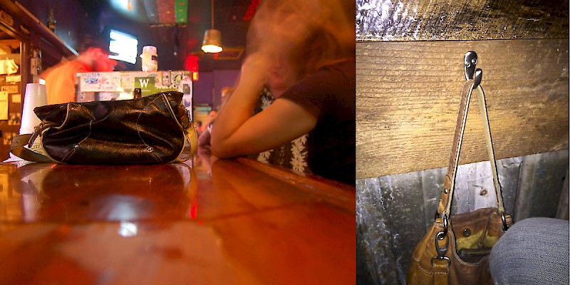 Be smart. Don't leave your bag on the bar; many pubs have purse hooks (just be sure you keep it between your knees as you sit, and take it with you when you use the loo) (Photo collage by Reid Bramblett, using images from David Mezzo and Kimmy T.)